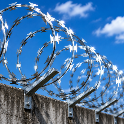 Military Style Razor Barbed Wire Security Perimeter Fence Rusty Razor Barbed Wire Coil sul vecchio recinto di sicurezza
